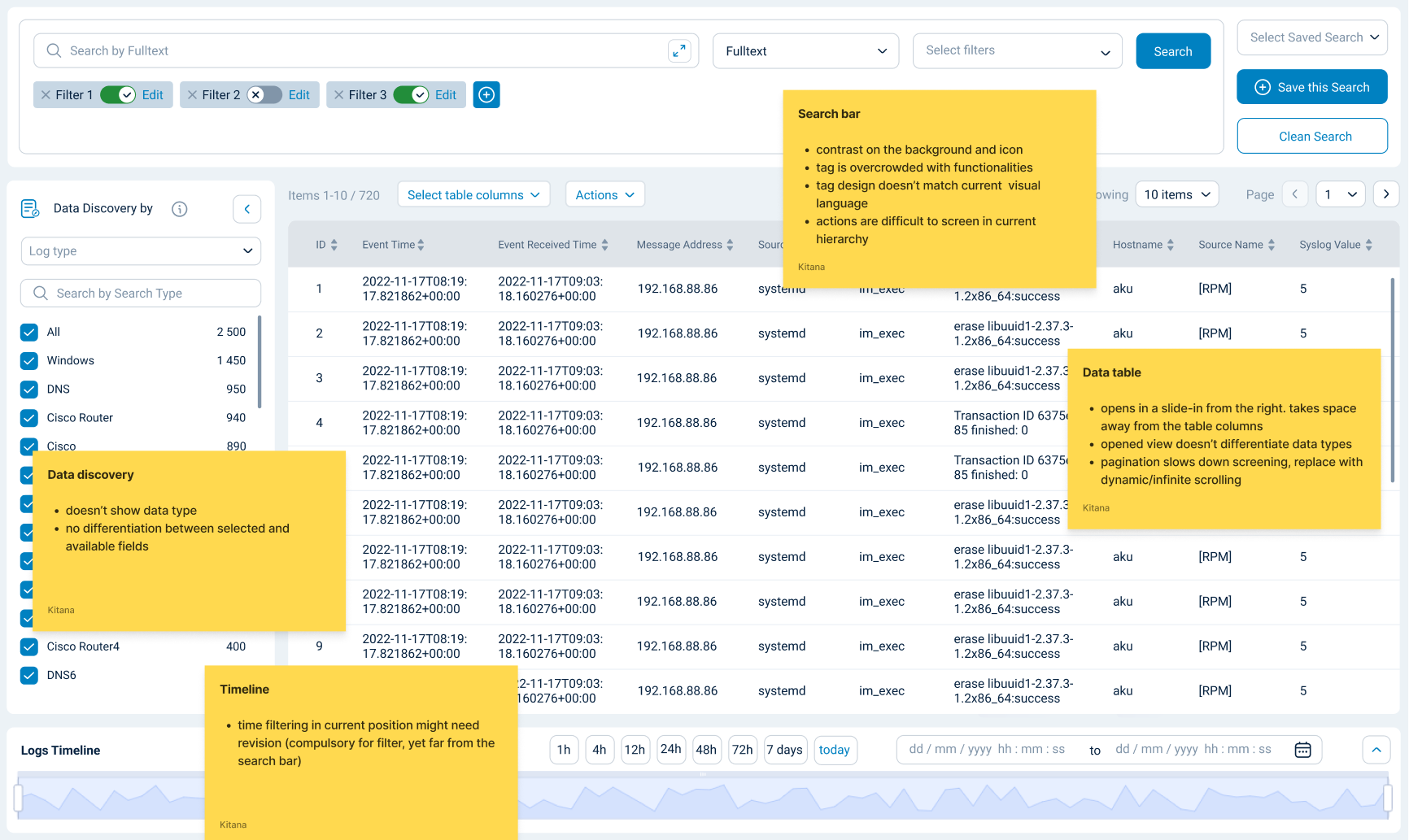Annotated audit of the previous log search screen