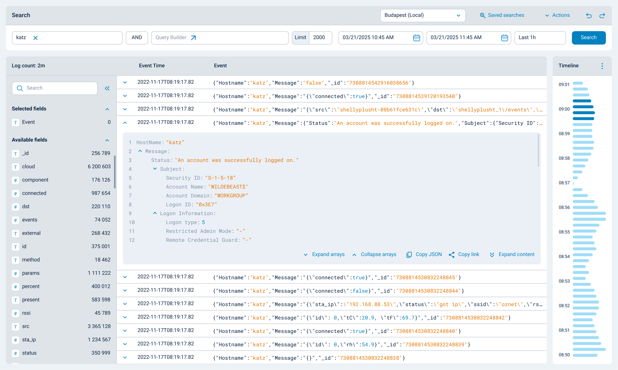 The redesigned NXLog log search screen