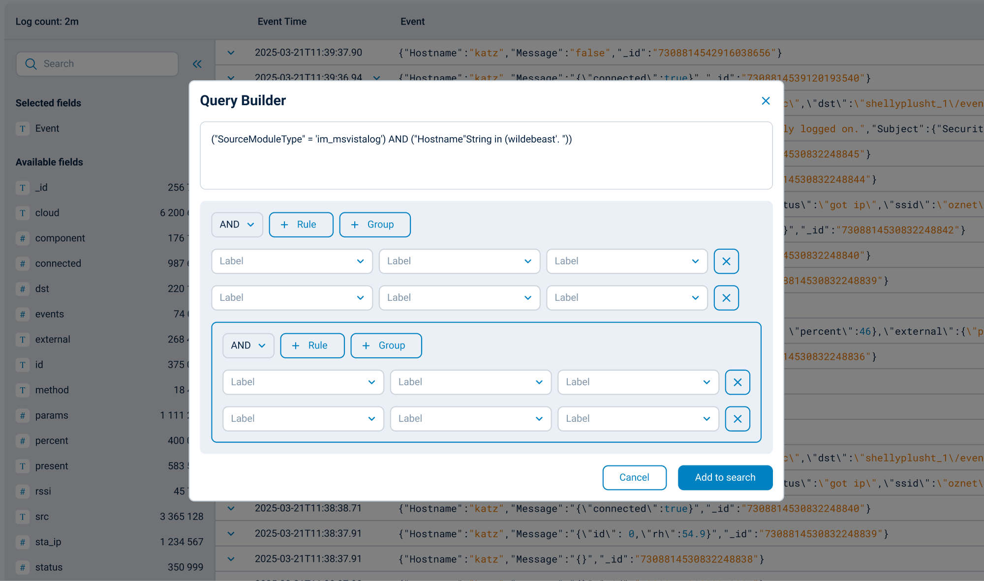 The implemented query builder overlay with updated grouping
