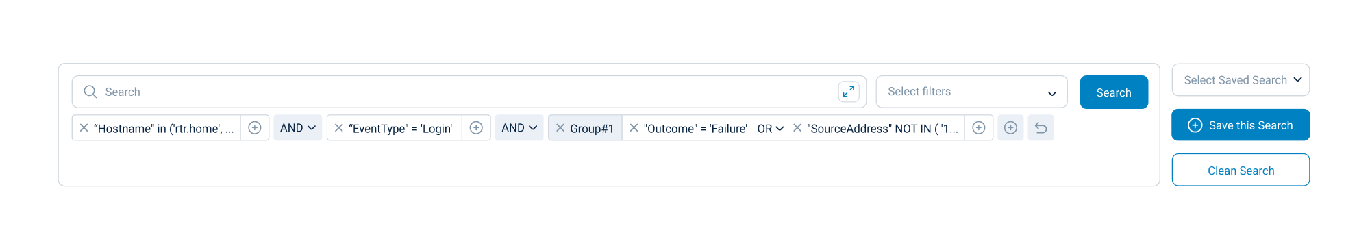 The initially designed search bar with inline SQL building blocks