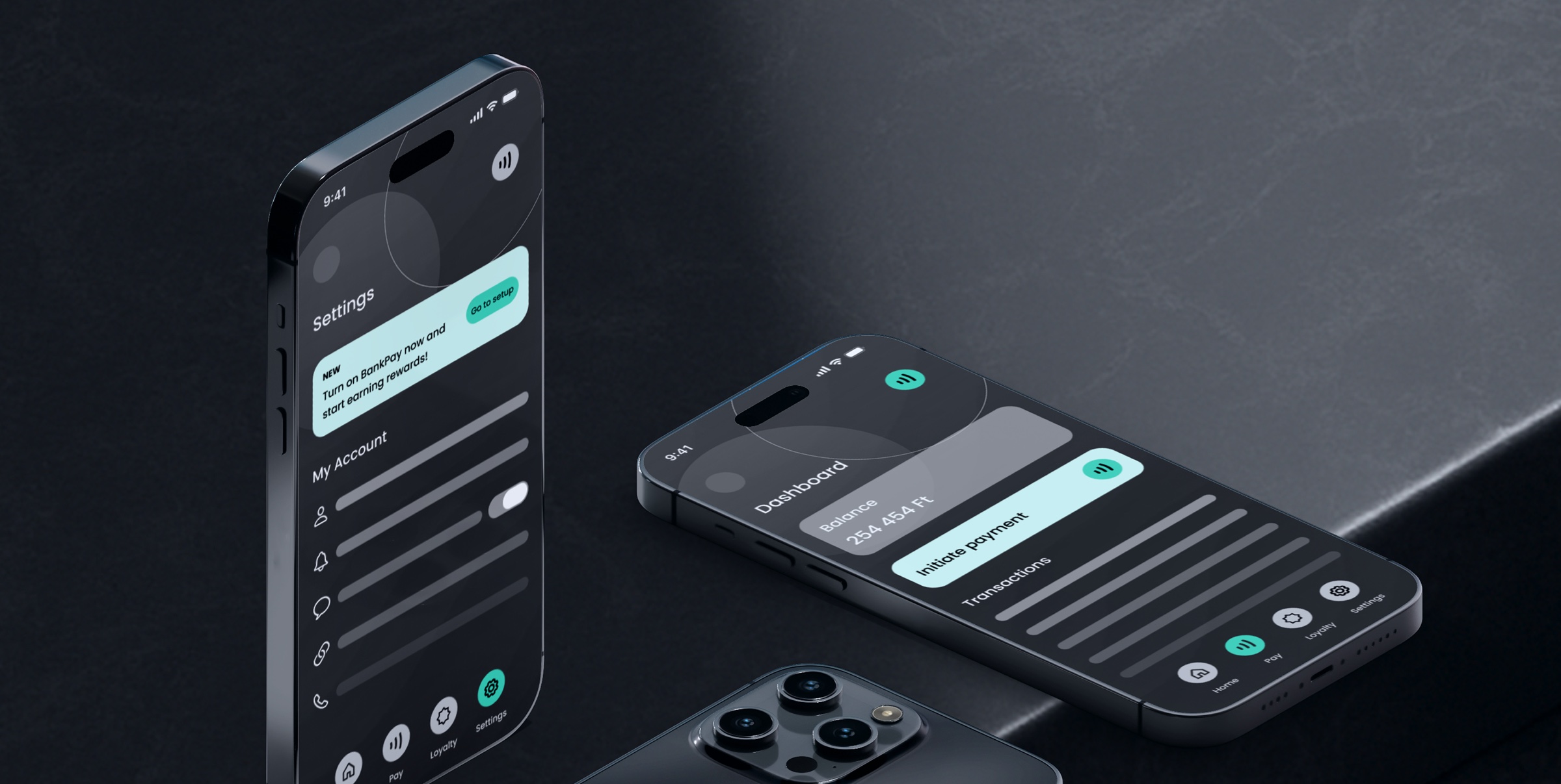 The BankPay settings and dashboard screens on two iPhones
